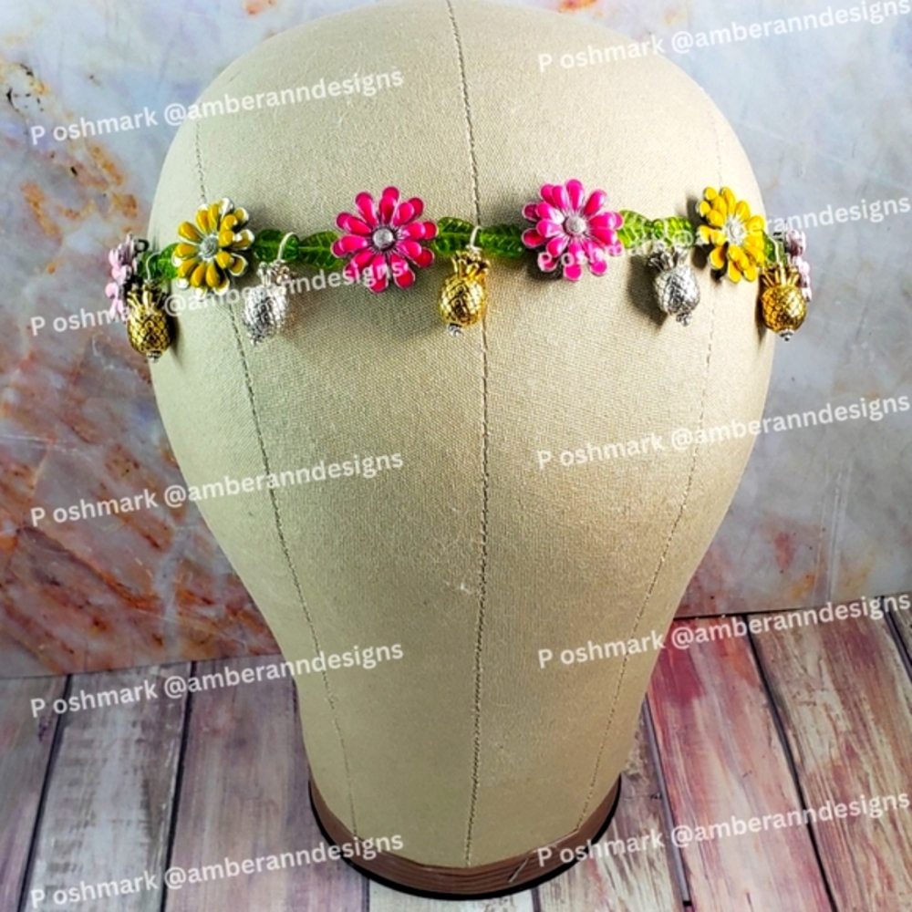One Of Kind Handmade Pink & Yellow Sunflower Floral Headband w/ Pineapple Charms